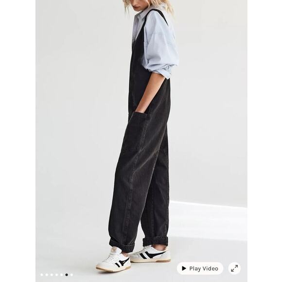 Free People High Roller Black Barrel Leg Carpenter Oversized Overalls - Picture 3 of 10